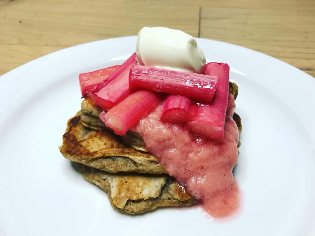 Vegan cinnamon pancakes with spiced roast rhubarb